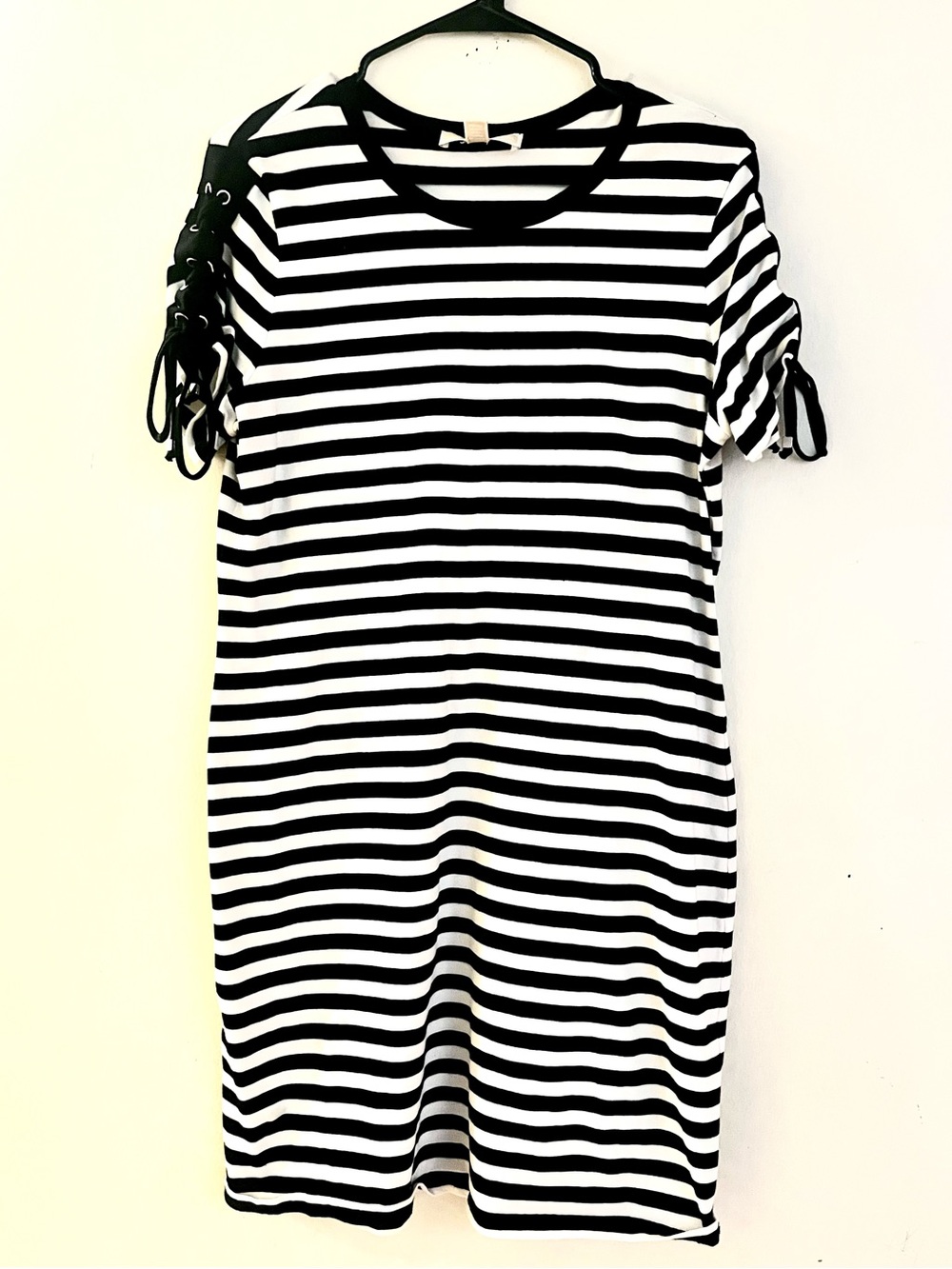 Michael Kors Black and White Striped Lace-Up Sleeve Dress